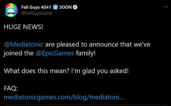 Epic Games acquired Tonic Games Group tweet