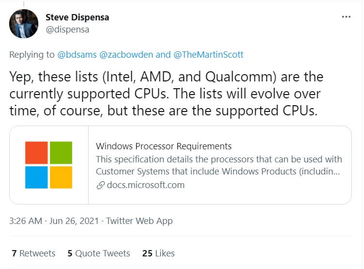 win 11 CPU list confirmation tweet