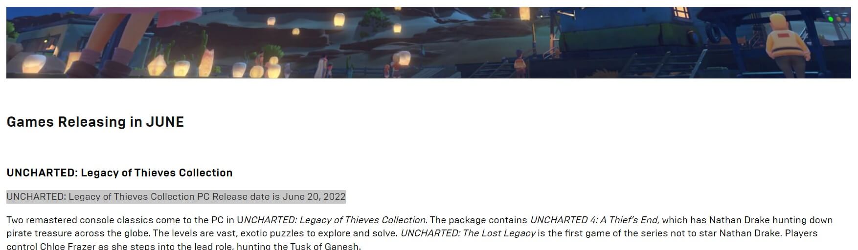 UNCHARTED Epic Games Store release date