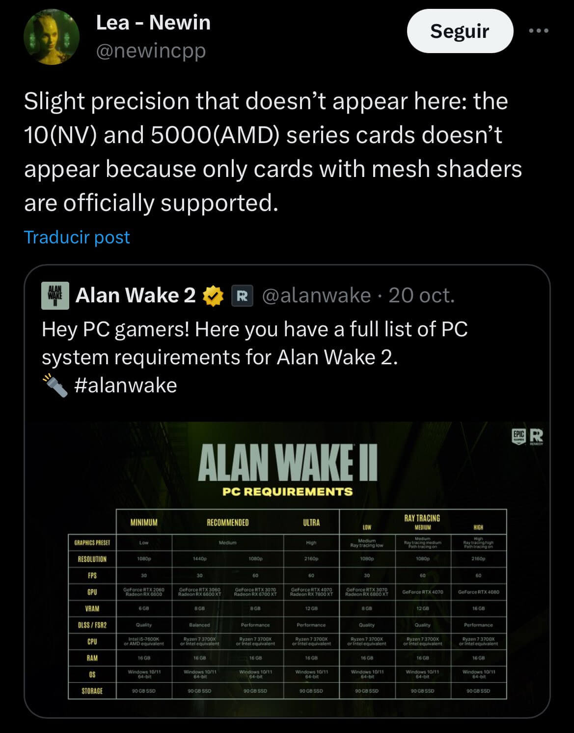 What Are The PC System Requirements For Alan Wake 2?