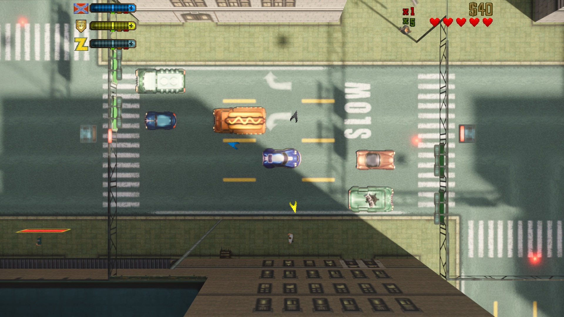 Grand Theft Auto 2 with path tracing lighting effects enabled, showing dynamic shadows and real-time light sources from fires and explosions in the isometric game world